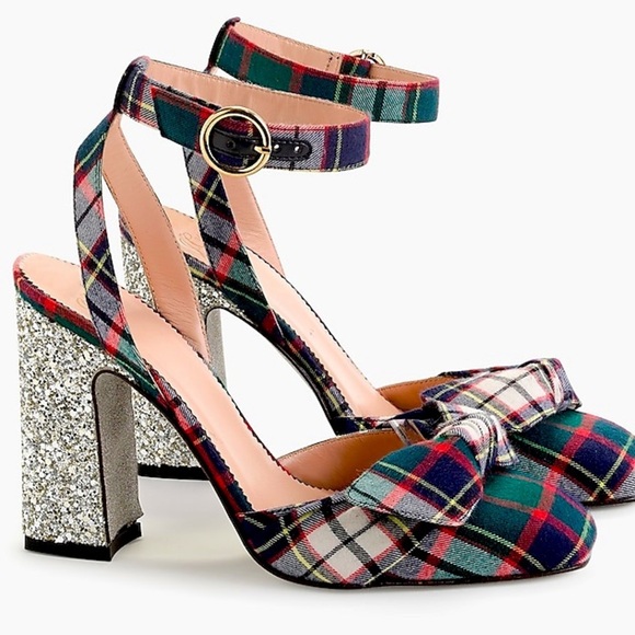 J.CREW Harlow Ankle Strap Bow Pumps Festive Plaid Glitter Block Heel 4” - Picture 1 of 12